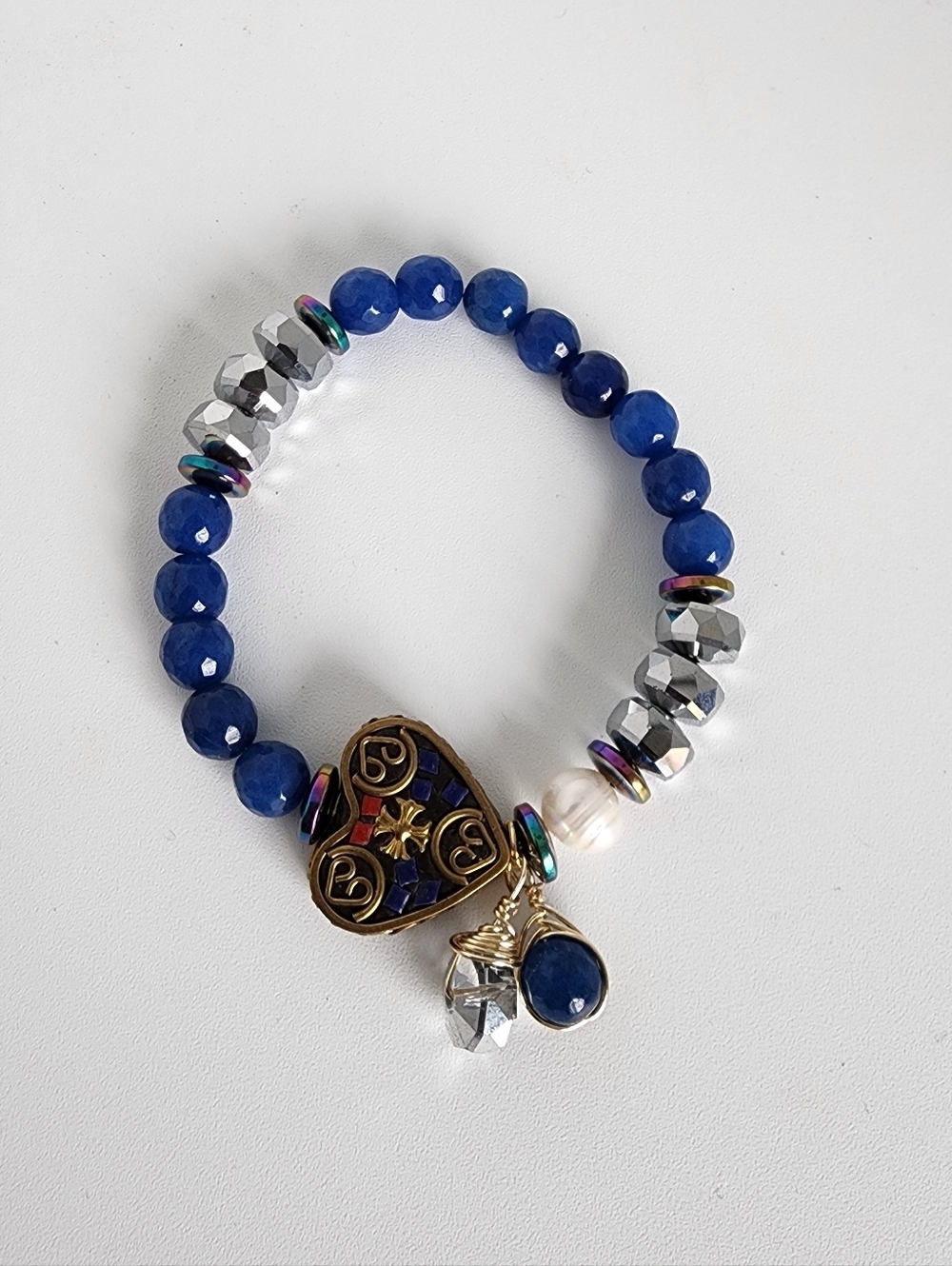 Blue Agate Bracelet 7" Tibetan Heart Charm Stretch Boho Crystal Beaded